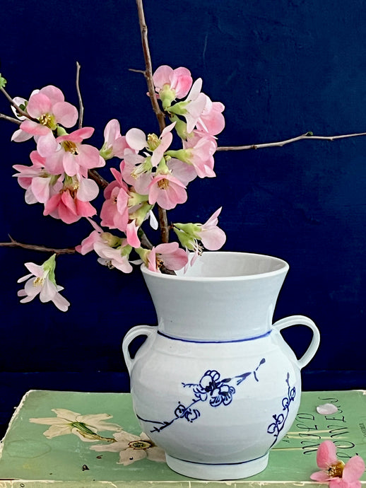 English porcelain tiny cherry blossom vase with handles