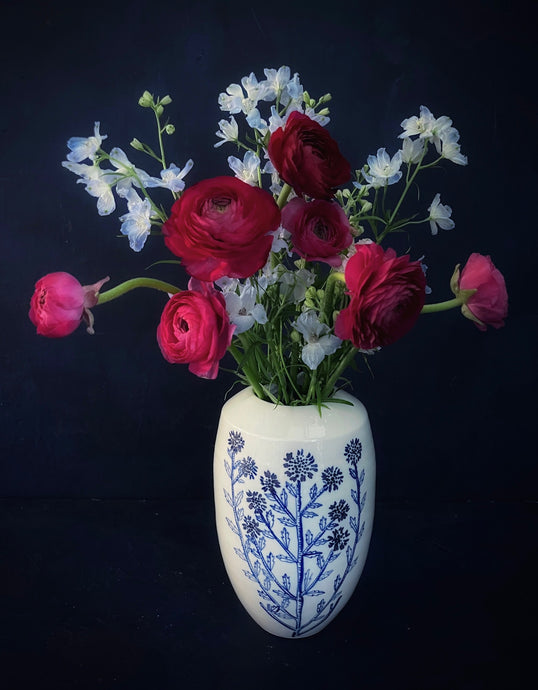 English porcelain tall scabiosa vase