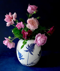 English porcelain large round fern vase with roots