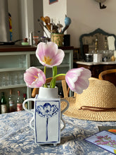 Load image into Gallery viewer, Hand built English porcelain tulip vase with wavy handles and feet