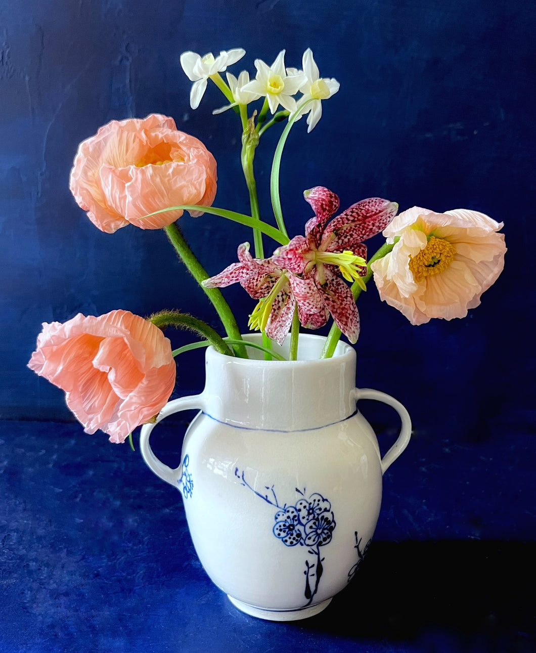 English porcelain small cherry blossom vase with handles