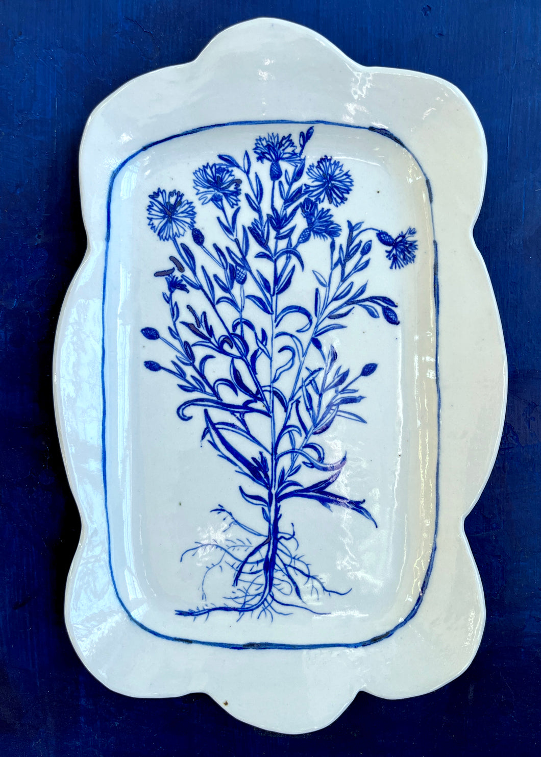 Fine English porcelain rectangular scalloped cornflower platter