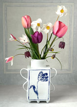 Load image into Gallery viewer, Hand built medium English porcelain tulip vase with double wavy handles and feet