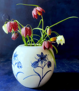 English porcelain round multi fritillaria meleagris vase