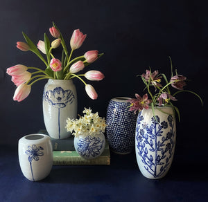 English porcelain tall scabiosa vase