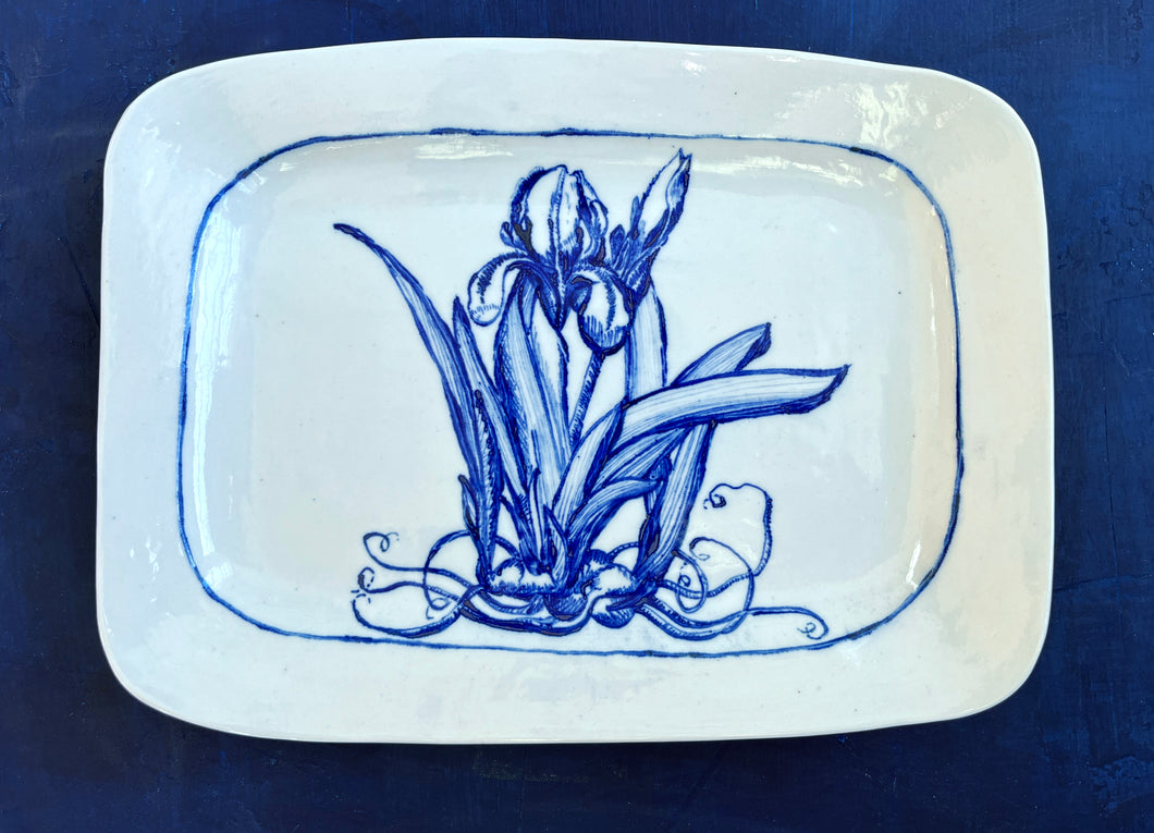 Rectangular, scalloped iris platter in fine English porcelain