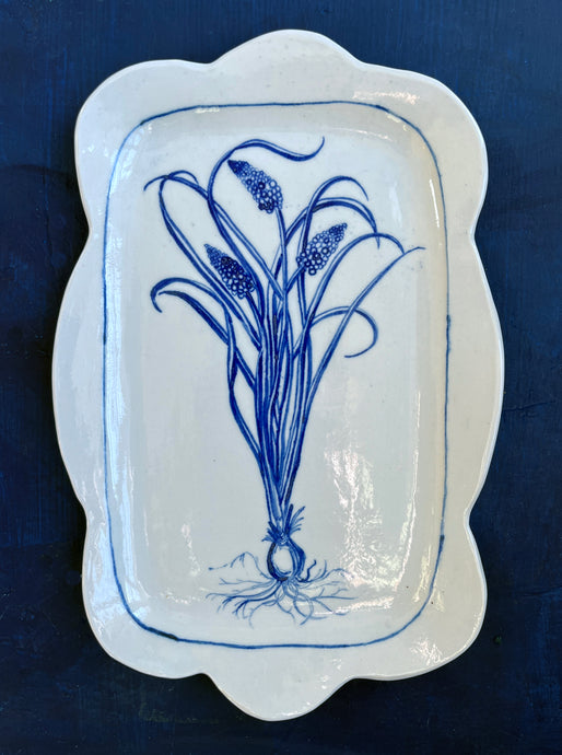 Rectangular, scalloped muscari platter in fine English porcelain