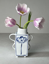 Load image into Gallery viewer, Hand built English porcelain tulip vase with wavy handles and feet