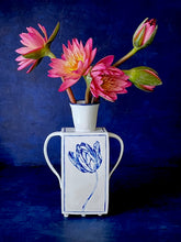 Load image into Gallery viewer, Hand built large English porcelain tulip vase with feet and handles