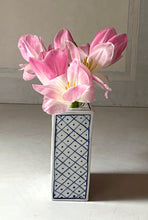 Load image into Gallery viewer, Hand built English porcelain tulip vase with 2 tulips and diamond side grid