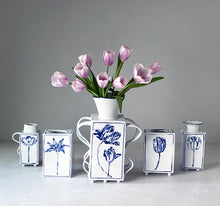 Load image into Gallery viewer, Hand built English porcelain tulip vase with 2 tulips and diamond side grid