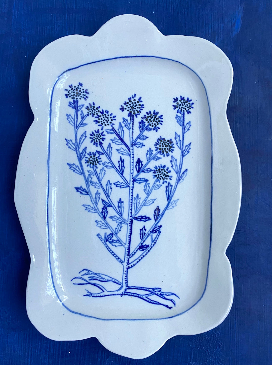 Porcelain scabiosa platter with roots