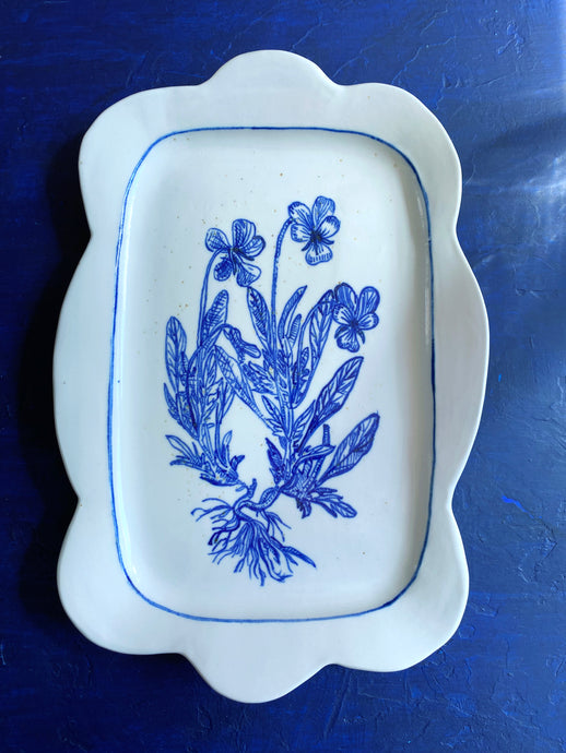 Fine English scalloped rectangular porcelain, pansy platter